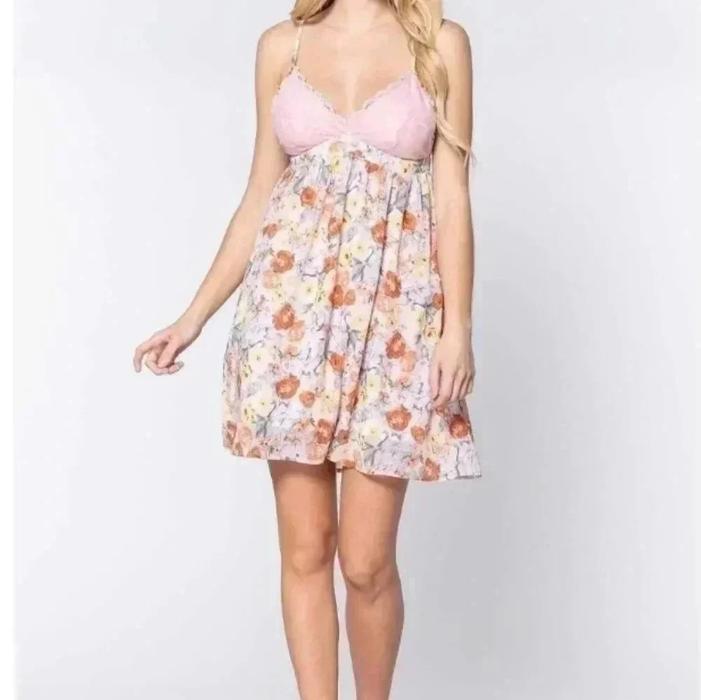 Active USA Floral Pink Lace Babydoll Mini Dress - Picture 4 of 13